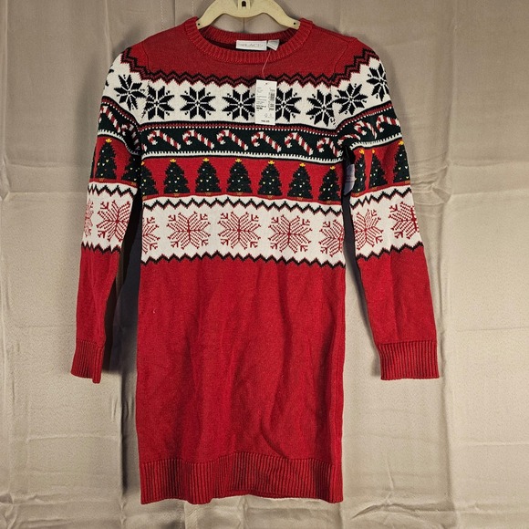 NWT The Children's Place Girls Red Fair Isle Christmas Sweater Dress 7 8 - Picture 1 of 5